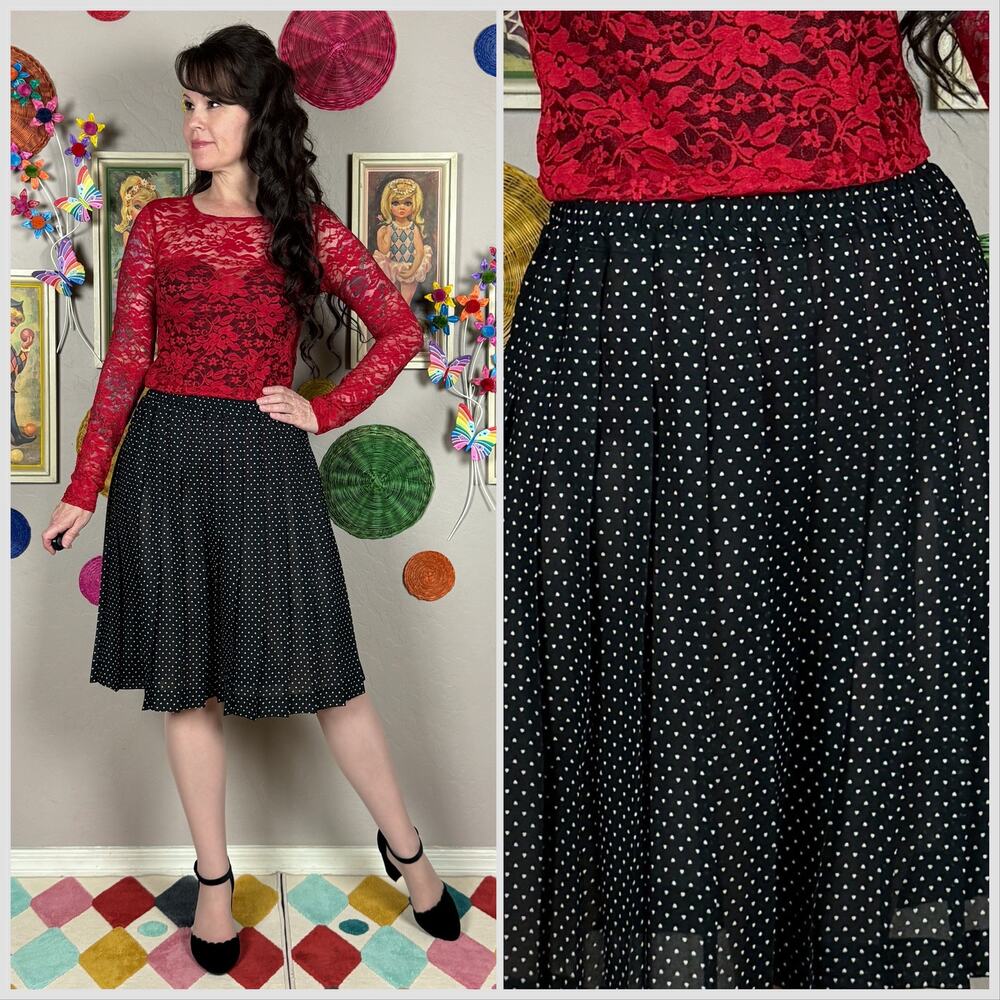 Vintage 1980s Black and White Heart Print Chiffon Pleated Skirt
